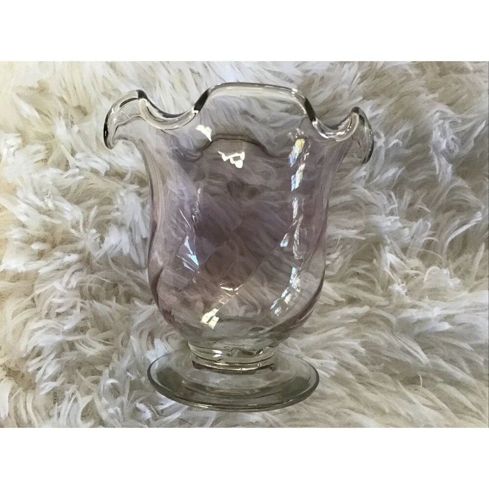 Pale Pink Optic Diamond  Glass  Posy Bud Vase Ruffled Rim Small Votive